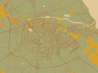Poster-ready flat map of Greifswald, Germany, olive backdrop with warm rust street network and ochre blocks.
