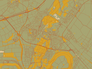 Obraz premium Graphic flat color map of Grevenbroich, Germany in earthy sage background with rust roadways and ochre details.