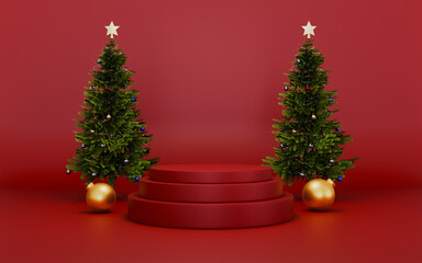 Christmas red texture and podium on and green tree golden podium