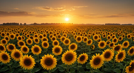 Fototapeta premium Endless sunflower field at dusk, illuminated by the radiant glow of the sun