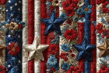 Seamless pattern Americana with stars and stripes motifs, floral bands, vintage motifs celebrating American independence day