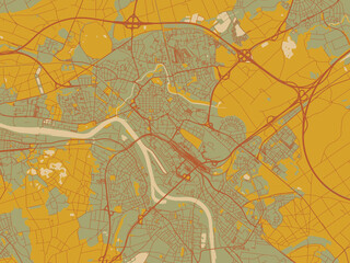 Graphic flat color map of Hanau, Germany in sage/olive tone field with rust networks and ochre shapes, cream water.