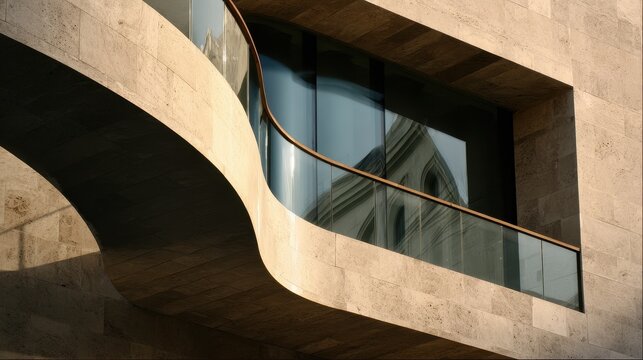 Modern building facade with curved balcony reflecting classic architecture - Powered by Adobe