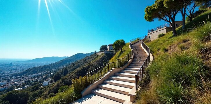 Winding Staircase Ascending to Hollywood Hills under a Vivid Blue Sky A Dramatic Cityscape View