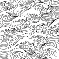 Vector art of stylized black and white line art ocean waves