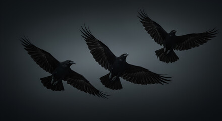 Obraz premium Eerie flight of ravens against a dark sky evokes mystery and intrigue for captivating storytelling and artistic compositions, powerful symbolism