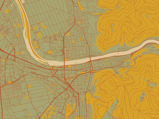 Stylized minimalist map of Heidelberg, Germany in earthy sage background with rust roadways and ochre details.