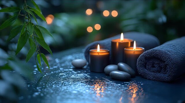 Calming spa scene with glowing candles and dark blue backdrop