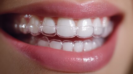 Clear Dental Aligners on Teeth, Close-up Smile