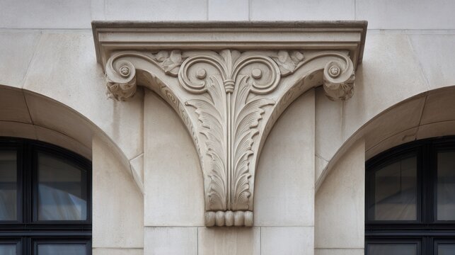 Elaborate Stone Corbel with Acanthus Leaf Detail Above Arched Windows