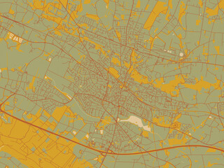 Obraz premium Decorative flat city map of Ibbenburen, Germany using olive backdrop with warm rust street network and ochre blocks.