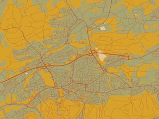 Stylized minimalist map of Iserlohn, Germany in muted sage base, rust-colored roads, and soft ochre highlights.