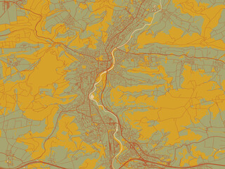 Modern flat map poster of Jena, Germany in muted sage base, rust-colored roads, and soft ochre highlights.