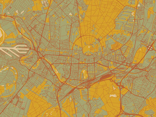 Abstract flat-design map of Karlsruhe, Germany, featuring muted sage base, rust-colored roads, and soft ochre highlights.