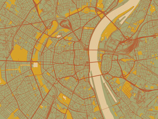 Decorative flat city map of Koln, Germany using sage/olive tone field with rust networks and ochre shapes, cream water.