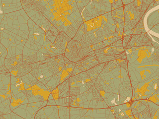Fototapeta premium Vector-style flat map of Krefeld, Germany with sage green ground with rust-red roads and ochre accents.