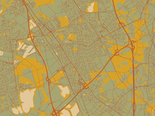 Flat painterly map of Langenfeld, Germany in olive backdrop with warm rust street network and ochre blocks.