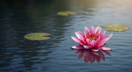 Closeup of a vibrant pink lotus flower floating on a tranquil pond