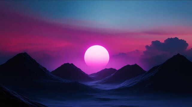 Futuristic Dystopian Landscape With Vibrant Neon Geometric Hills Under Radiant Sun