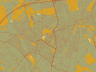 Minimalist flat city map of Marl, Germany with olive backdrop with warm rust street network and ochre blocks.