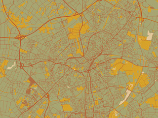 Minimalist flat city map of Monchengladbach, Germany with muted sage base, rust-colored roads, and soft ochre highlights.