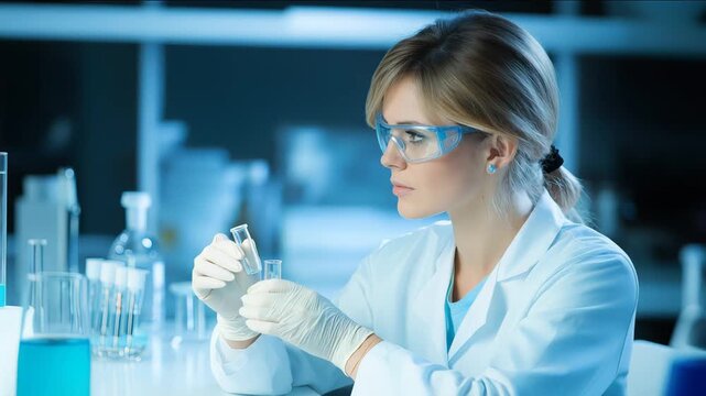 Futuristic researcher woman testing advanced wearable biotech devices in a clean high-tech lab