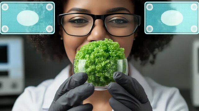 Female biotechnologist monitoring cell cultures on a floating holographic interface in a next-generation lab