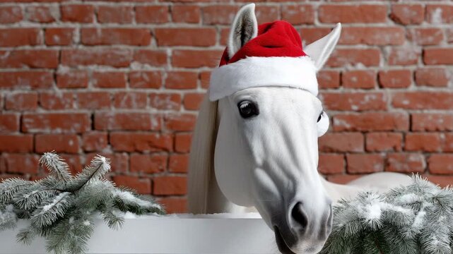 Festive white horse wearing santa hat in holiday barn with brick wall background