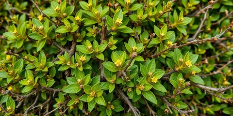 Dense, thorny bush with vibrant green leaves and small wildflowers blooming,  vibrant,  greenery