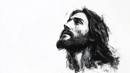 Fototapeta premium Sketch of Jesus Christ on White Background with Copy Space — Religious Illustration