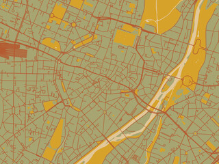 Obraz premium Flat painterly map of Munchen Zentrum, Germany in earthy sage background with rust roadways and ochre details.