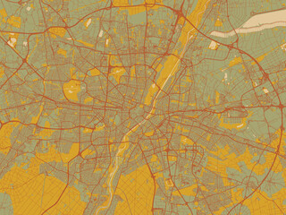 Obraz premium Abstract flat-design map of Munchen Metropole, Germany, featuring earthy sage background with rust roadways and ochre details.