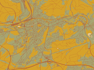 Flat painterly map of Neunkirchen, Germany in sage green ground with rust-red roads and ochre accents.