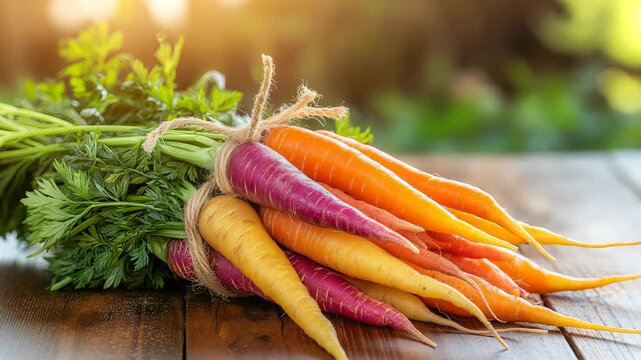 Heirloom carrots bundle displaying vibrant shades of orange, purple and yellow tied with twine with natural copy space
