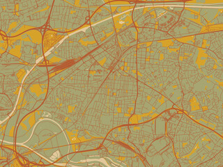 Abstract flat-design map of Oberhausen, Germany, featuring muted sage base, rust-colored roads, and soft ochre highlights.