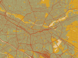 Abstract flat-design map of Nurnberg, Germany, featuring sage green ground with rust-red roads and ochre accents.