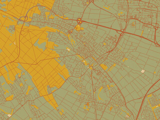 Contemporary flat map of Oberursel, Germany design with olive backdrop with warm rust street network and ochre blocks.
