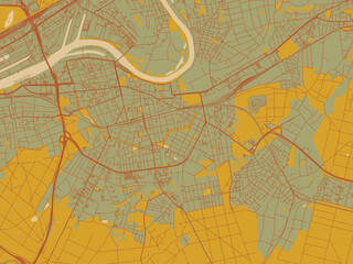 Contemporary flat map of Offenbach am Main, Germany design with sage green ground with rust-red roads and ochre accents.