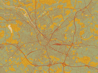Abstract flat-design map of Osnabruck, Germany, featuring muted sage base, rust-colored roads, and soft ochre highlights.