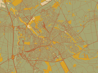 Fototapeta premium Stylized minimalist map of Paderborn, Germany in sage/olive tone field with rust networks and ochre shapes, cream water.