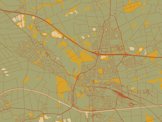 Vector-style flat map of Peine, Germany with olive backdrop with warm rust street network and ochre blocks.