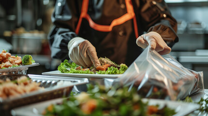 Extreme close-up of a worker's hands performing quality control and sealing a delivery bag in a ghost kitchen