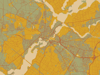 Flat painterly map of Potsdam, Germany in olive backdrop with warm rust street network and ochre blocks.