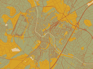 Abstract flat-design map of Rastatt, Germany, featuring muted sage base, rust-colored roads, and soft ochre highlights.