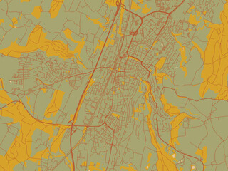 Stylized minimalist map of Ravensburg, Germany in olive backdrop with warm rust street network and ochre blocks.