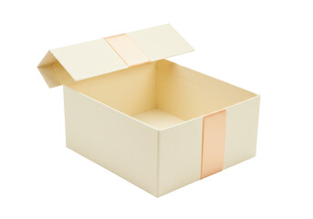 Isolated Beige Gift Box, Opened with Ribbon Wrap, Empty Inside, Fancy Packaging, Holiday Present