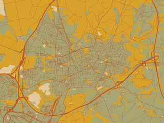 Stylized minimalist map of Ratingen, Germany in earthy sage background with rust roadways and ochre details.