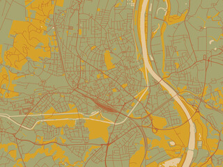 Vector-style flat map of Rosenheim, Germany with muted sage base, rust-colored roads, and soft ochre highlights.