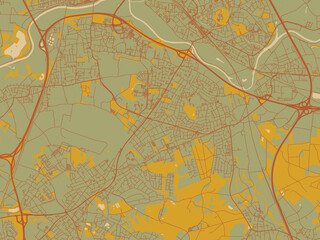 Minimalist flat city map of Sankt Augustin, Germany with olive backdrop with warm rust street network and ochre blocks.