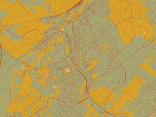 Vector-style flat map of Stolberg, Germany with sage green ground with rust-red roads and ochre accents.